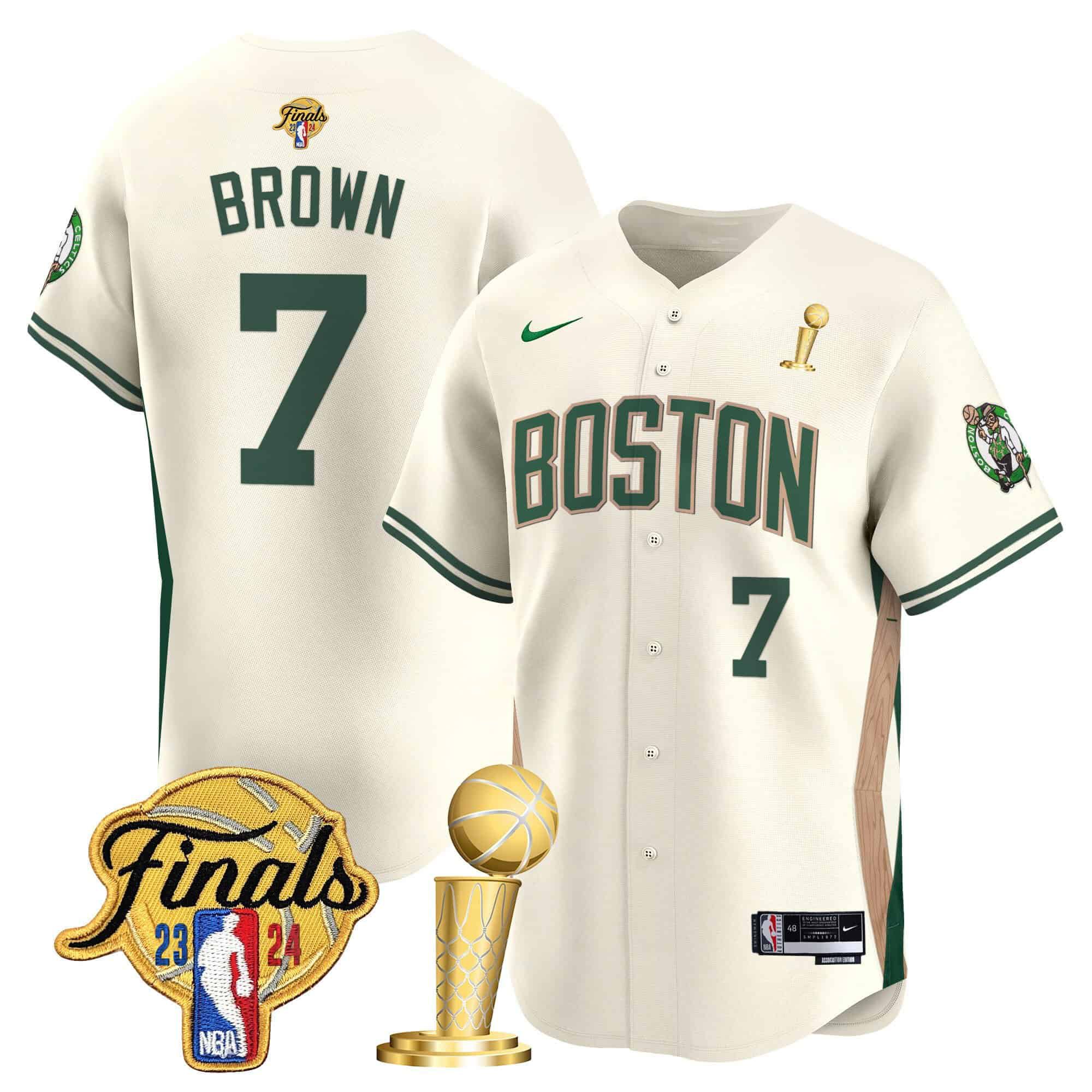 Men Boston Celtics #7 Brown Cream 2024 Nike Final & Champions Patch Baseball NBA Jersey